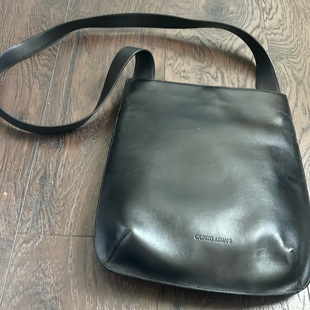 Vintage Giorgio Armani Black Leather Men's Satchel/Tote Bag Embossed Logo